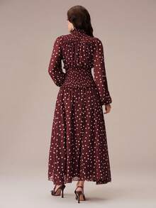 BELROSIE Autumn White Polka Dot Contrast Print Chiffon Shirred Waist Stand Collar Long Sleeve Full Skirt Women's Dress, Elegant Vintage Brunch Tea Party - Multicolor - View 7