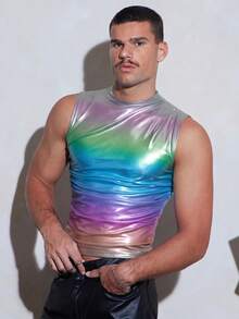 FeverCity Camiseta sin mangas plisada con cuello redondo y degradado láser para hombre - Multicolor - Ver 3