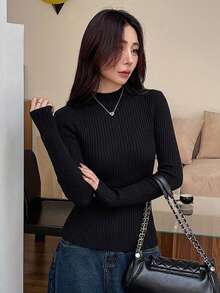 DAZY 女款修身長袖套頭毛衣 - 黑色 - 查看 5