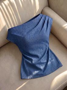 SHEIN Privé Women's Asymmetric Neck Ruched Casual Versatile Everyday Denim Top - Blue - View 2