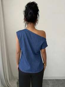 SHEIN Privé Women's Asymmetric Neck Ruched Casual Versatile Everyday Denim Top - Blue - View 3