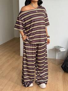 Coolane 女款大尺碼夏季秋季街頭風休閒基礎日常穿著外出辦公舒適黃色棕色條紋露肩T恤寬腿褲套裝 - 摩卡棕 - 查看 3