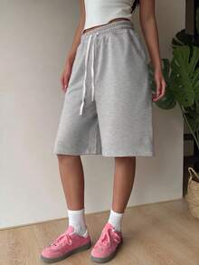 SHEIN EZwear 女士休闲灰色针织阔腿百慕大短裤，带口袋 - 灰色 - 查看 3