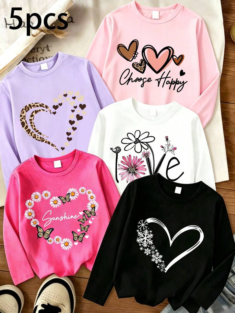 SHEIN 5PCS Young Girls T-Shirts - Multicolor - View 1