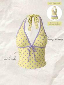 Elavelle Women's Random Print Spaghetti Strap Bow Tie Camisole Bikini Top, Spring/Summer - Multicolor - View 1