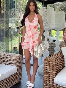 Ronhire 女款優雅性感短洋裝，夏季海灘度假V領 - 粉色 - 查看 4