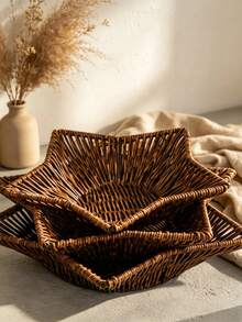 Star Shaped Rattan‑Effect Snack Basket, Deep Color Woven Food Tray, Multipurpose Serving Basket For Fries, Cakes, Nuts, Pastries, Fruits And Vegetables, Practical Food Container For Home Kitchen, Restaurant And Party Use - Dark color - View 4