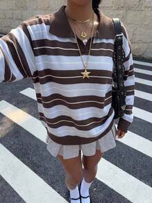 SHEIN 青少年女孩秋冬款 POLO 領多色條紋長袖針織毛衣，咖啡色與藍/白色對比條紋，適合日常通勤與休閒穿著 - 咖啡棕 - 查看 3