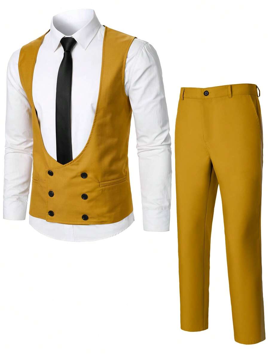 Calvornis Men's Fashion Double-Breasted Vest & Pants Suit Set - Brown - View 1