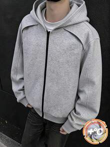 SHEIN 青少年男孩灰色寬鬆花卉圖案拉鍊連帽衛衣，都市風圖案，冬季開學季 - 灰色 - 查看 1