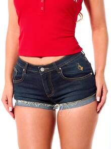 BABYPHAT Low Rise Denim Mini Shorts With Gold Cat Embroidery Rhinestone Detail Raw Hem Cuffed Summer Festival Jean Shorts - Blue - View 2