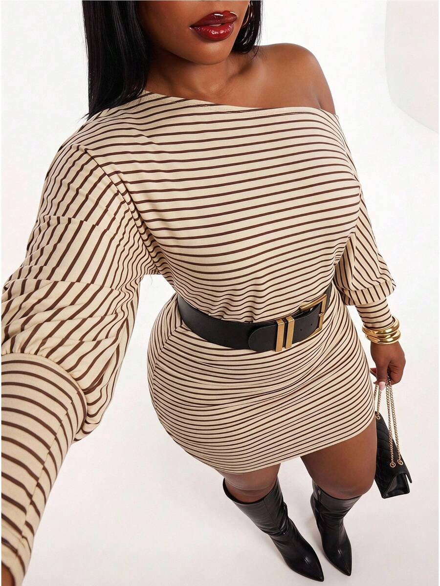 Radiana Curve Plus Size Striped Asymmetric Collar Mini Dress Fall - Khaki - View 1