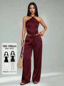 SHEIN PETITE 女款性感復古緞面對比蕾絲細肩帶上衣與低腰口袋寬腿褲套裝，夏季度假海灘夜生活約會酒紅色套裝 - 紫紅色 - 查看 5