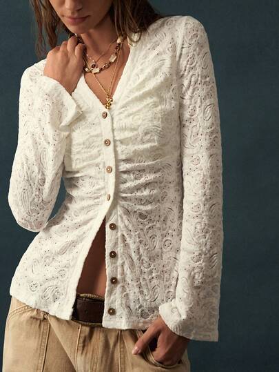 Bohemela Women's French Lace Single-Breasted Ruched Waist Long Sleeve Top