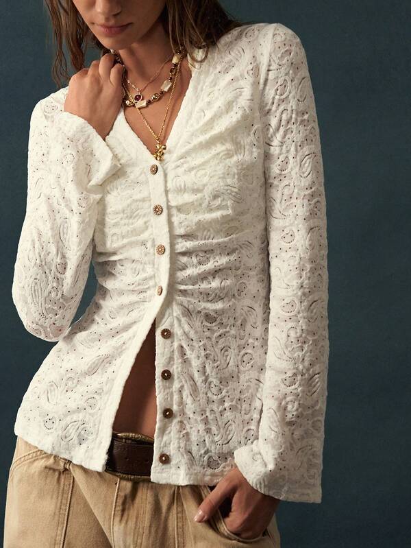 Bohemela Women's French Lace Single-Breasted Ruched Waist Long Sleeve Top