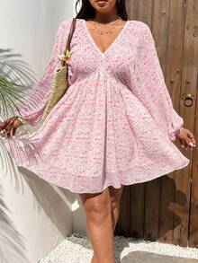 Sunnyshic Vintage Ditsy Floral V-Neck Backless Tie Strap Long Sleeve Maxi Dress For Women Fall - Pink - View 3