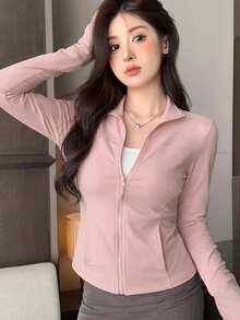DAZY 女款粉色棉質休閒開襟衫，春季健身夾克，標準版型 - 粉色 - 查看 2