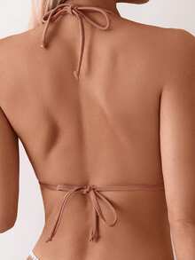 Swim Basics 女款花卉波浪邊掛脖綁帶上衣，適合海灘度假 - 珊瑚粉 - 查看 2