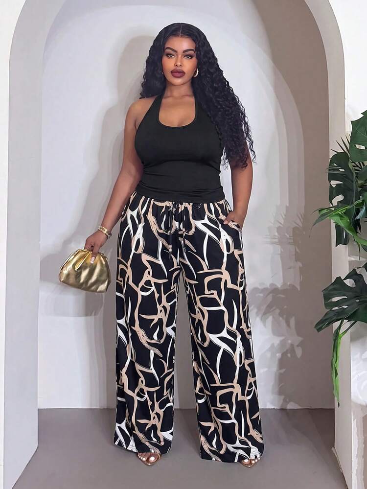 Veslaya Plus Size Women Solid Color Halter Top And Long Pants Casual Daily 2 Pieces Set - Multicolor - View 6