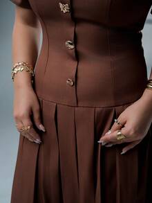 SARA VAULT Solid Button Front Pleated Hem Dress Button Dress Coffee Brown Dress Elegant Summer - Rust Brown - View 5