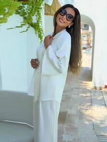 Alya Khalil V-Neck Tie Flare Sleeve Satin Top & Loose Wide Leg Pants 2 Pieces Set, Champagne Color Elegant - Champagne - View 5