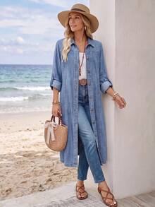 EMERY ROSE Women's Single-Breasted Casual Everyday Denim Top Fall/Winter - Blue - View 5
