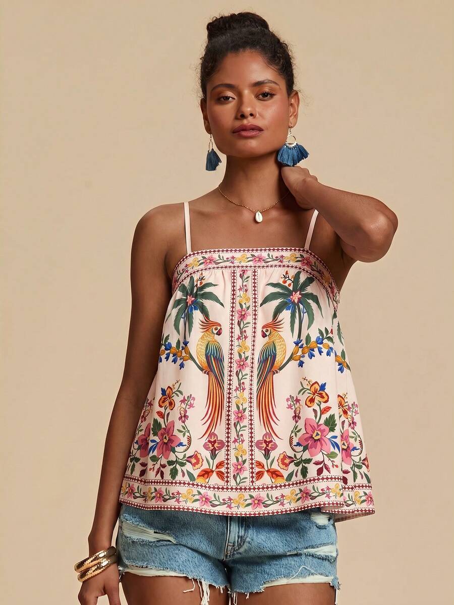 Travachic Women's Coconut Tree Print Casual Versatile Daily Wear Camisole Top - Multicolor - View 1