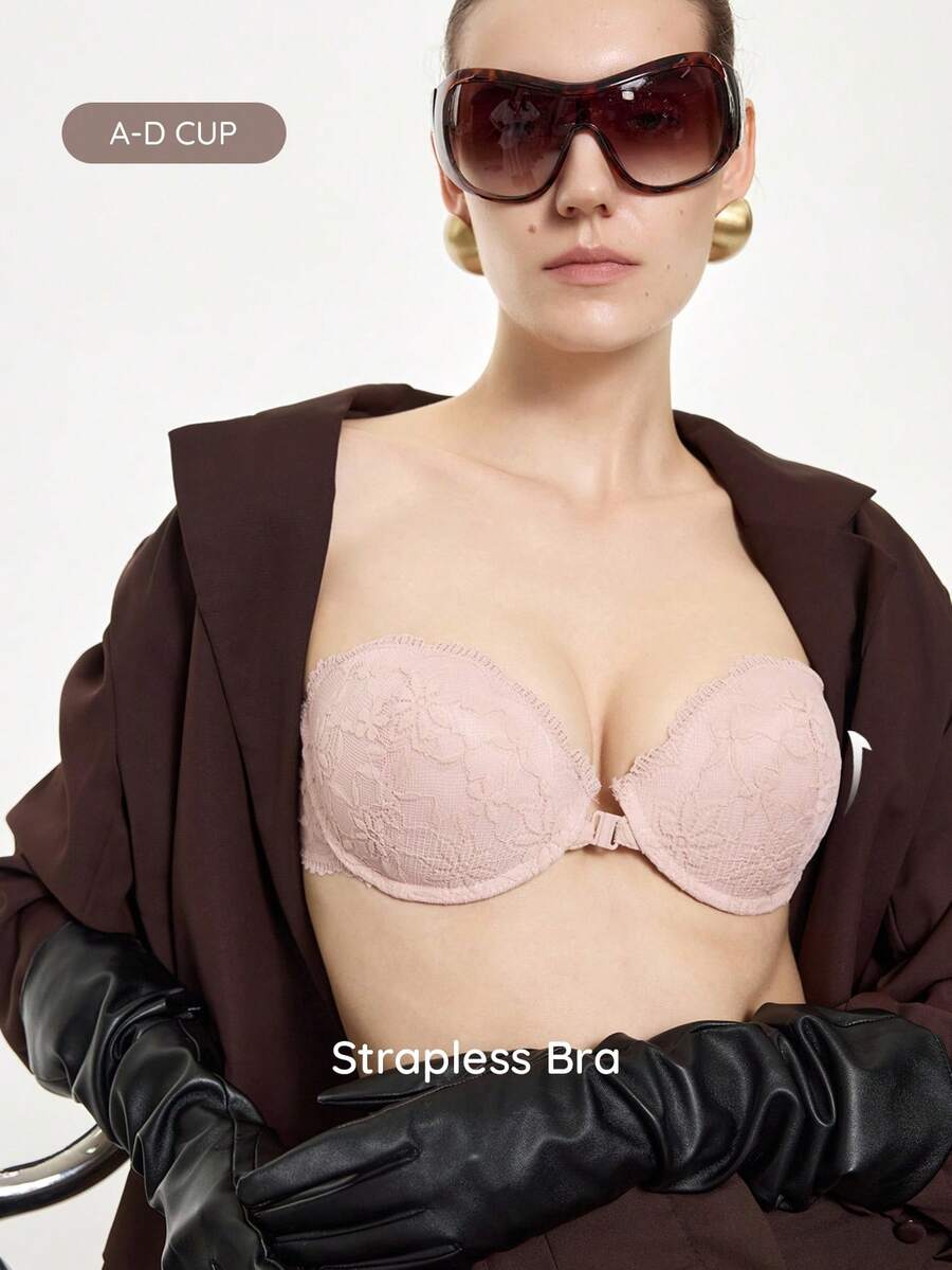 Bralution Women's Lace Sexy Strapless Bra For Daily Wear - Pink - View 1