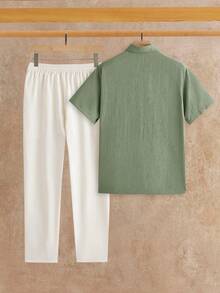 HIMLAND Men's Solid Color Short Sleeve Shirt And Long Pants Casual Daily Outfit - Multicolor - View 2