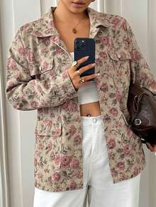 Dazy Plus Floral All-Over Print Lapel Pocket Punk Loose Street Casual Long Sleeve Denim Jacket Fall - Pink - View 1