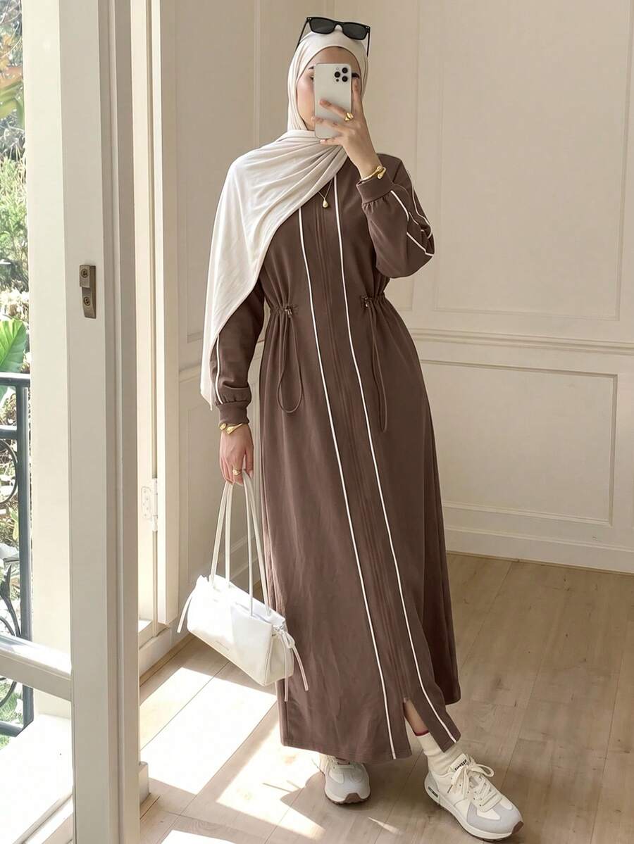 Solavon Women's Minimalist Zipper Contrast Color Drawstring Long Sleeve Arabian Dress - Grey - View 1