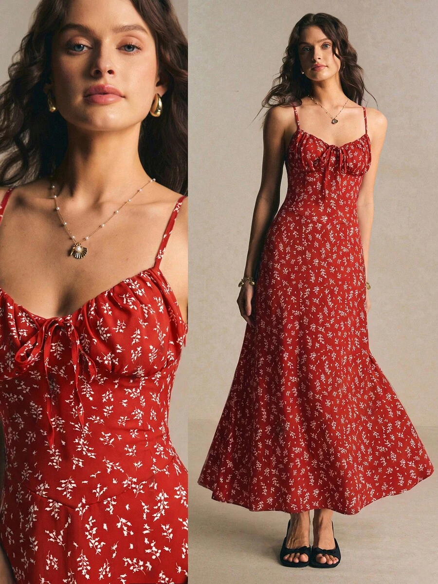 Poéselle Women's All-Over Print Pleated Casual French Romantic Party Vacation Spaghetti Strap Dress Red Floral Summer - Red - View 1