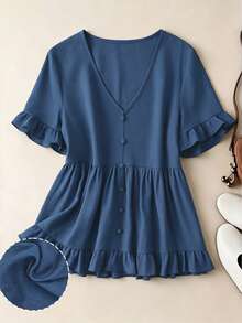Linhara Plus Size Solid Color Linen Summer Slimming Frill Trim Shirt Holiday Summer Vacation Outfit Top - Blue - View 1