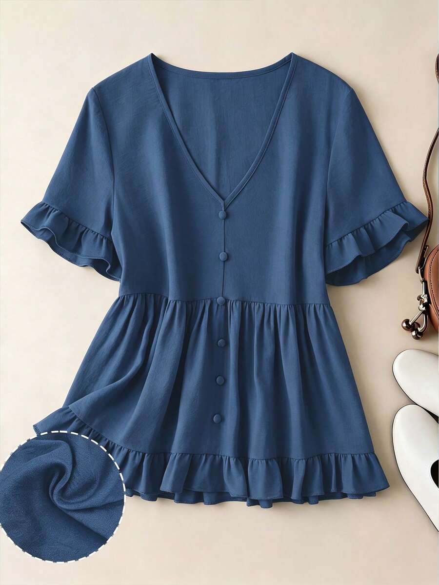 Linhara Plus Size Solid Color Linen Summer Slimming Frill Trim Shirt Holiday Summer Vacation Outfit Top - Blue - View 1