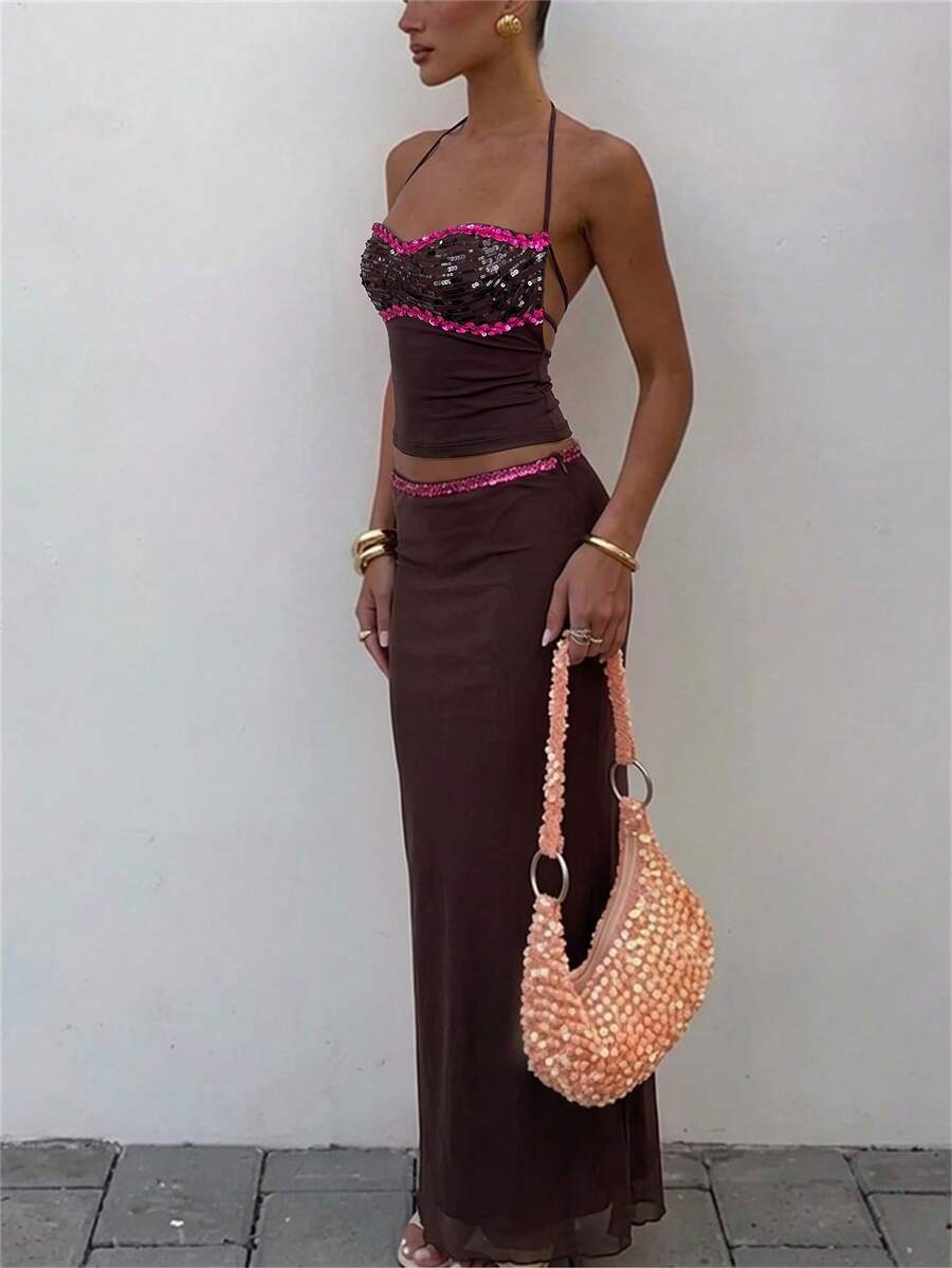 Aloruh Women's Elegant Disco Sexy Low Waist Beaded Embroidered Metallic Bodycon Skirt Night Party Brown Sequin Autumn - Coffee Brown - View 1
