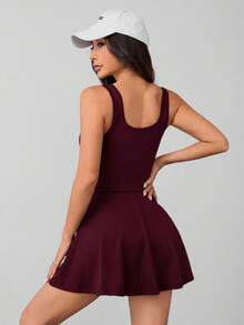 SHEIN PETITE 女款無袖下擺口袋短褲黑色連身褲 - 中紫紅色 - 查看 2
