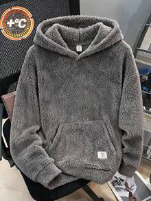SHEIN 青少年男孩休閒刺繡雙面抓毛連帽套頭衛衣，秋冬款灰色上衣 - 灰色 - 查看 4