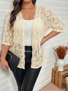 SHEIN LUNE 大尺碼女款蕾絲休閒百搭日常夾克外套 秋季 - 米色 - 查看 8