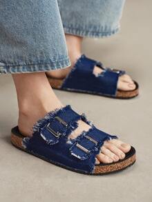 Solecia Summer Double-Button Burrs, Open-Toed Flat-Bottomed Cork Slippers, Casual Sandals, Daily Commuting Beach Vacation Versatile Sandals - Navy Blue - View 8