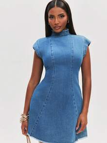 NYA SZN Women's Stand Collar Cap Sleeve Frayed Hem Casual Denim Dress - Medium Wash - View 7