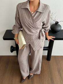 Dazy Plus Fashion Striped Casual Asymmetric Waist Tie Design Long Pants Fun Commute Spring/Autumn 2 Pieces Set - Brown - View 1