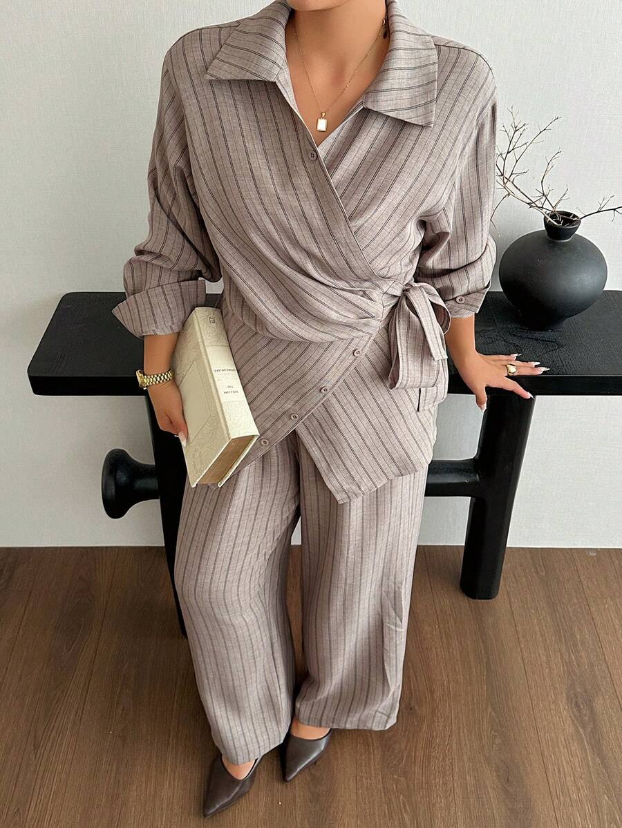 Dazy Plus Fashion Striped Casual Asymmetric Waist Tie Design Long Pants Fun Commute Spring/Autumn 2 Pieces Set - Brown - View 1