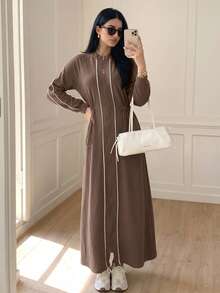 Solavon Women's Minimalist Zipper Contrast Color Drawstring Long Sleeve Arabian Dress - Grey - View 2