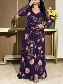 Modelyn 大尺碼花卉印花百褶 3D 花朵裝飾長袖度假洋裝 - 紫色 - 查看 5