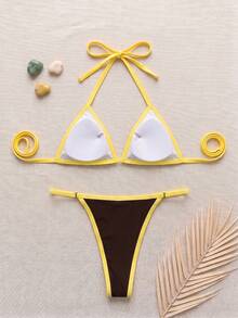 Costavie Set da donna per vacanze estive al mare con bikini patchwork con laccio al collo e slip a triangolo, marrone - Castano - Visualizzare 6