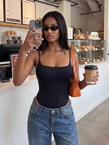 Flirla Women's Minimalist Low-Cut Skinny Bodysuit, Casual Solid Color Versatile Outfit, Spring/Summer - Black - View 4