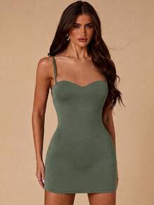 SHEIN BAE Women's Spring/Summer Daily Sexy Olive Green Tight Bra With Fashionable Bodysuit, Suitable For Dating, Nightclub, Outing, New Year, Music Festival Top - Army Green - View 5