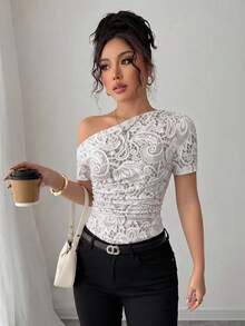 Selianne Summer Elegant Faux Lace Print Asymmetric Collar T-Shirt - Apricot - View 4