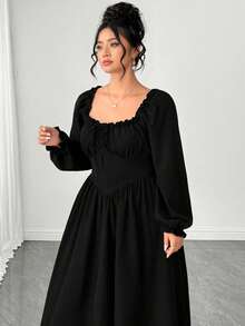 Elenzga Gaun Wanita Ukuran Plus Warna Hitam Polos Musim Semi/Gugur, Leher Persegi, Ruffle Elegan, Lengan Panjang Mengembang, Mempertegas Pinggang, Model A-Line, Belahan Bawah dengan Patchwork Ruffle, Cocok untuk Tamu Pernikahan, Wisuda, Liburan Pantai - Hitam - View 4