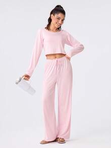 Loungeista 2pcs/Set Women's Round Neck Lace Patchwork Long Sleeve Top + Elastic Waist Long Pants Cute Loungewear Set - Pink - View 2